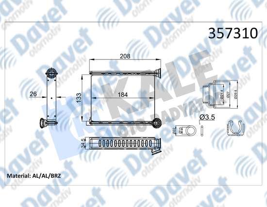KALE 357310 Kalorifer Radyatoru Dacia Duster Ii 1.5dci 1.6 18> (Borusuz-Aparatli) (Brazing Al/Al) (133x184x26)